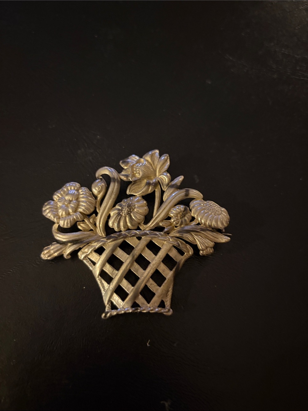 Vintage Silver-Tone Floral Basket Brooch